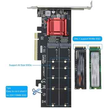Dual NVMe PCIe Adapteris,2 M. NVMe SSD su PCI-E 3.1 X8/X16 Kortelės Palaikymas M. 2 (M) Klavišą NVMe SSD 22110/2280/2260/2242