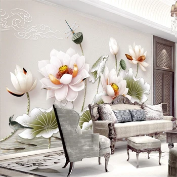 wellyu 3D iškilumo Lotus derliaus akvarelė lotus lapų TV fono sienos užsakymą didelės freskos žalia tapetai papel de parede