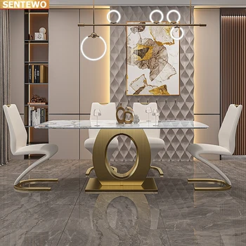 Dizaineris Prabangus valgomasis kambarys Marmuro Uolos Plokštė valgomojo stalo rinkinys 4 6 kėdės mesa de jantar tavoli marbre Nerūdijančio plieno aukso bazės